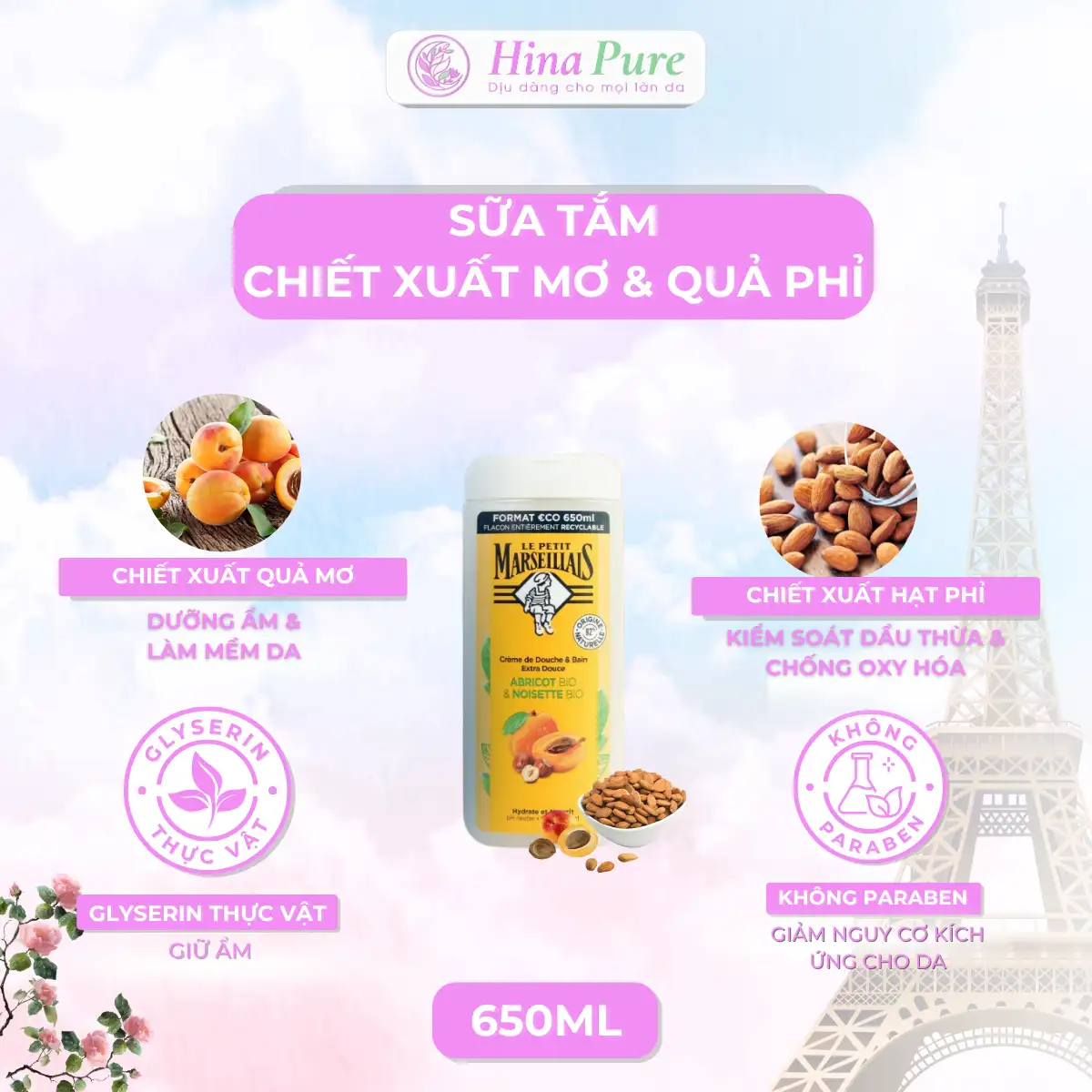 Sữa tắm 92% thiên nhiên chiết xuất mơ hữu cơ và hạt phỉ hữu cơ