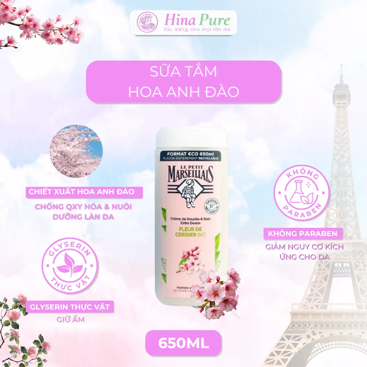 Sữa Tắm Hoa Anh Đào Hina Pure 650ml – Công thức Pure dưỡng ẩm sâu